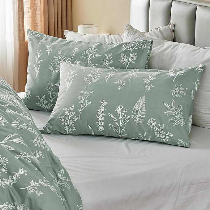 MUXHOMO Duvet Cover King Size, Reversible Floral Green Duvet Cover Set with Zipper Closure, 3 Pieces Botanical Patterns Soft Microfiber Bedding Set (90"x104", 2 Pillow Cases 20"×36")