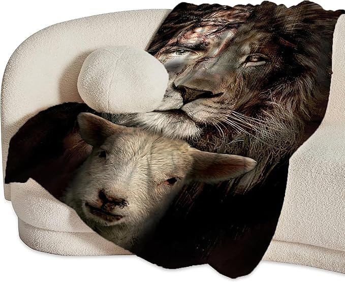 Christian Jesus Lion and Lamb Throw Blanket - Religious Gifts and Decor for Men Women Adults - Soft Warm Cozy Fleece for Couch Sofa Bed 60"x50"