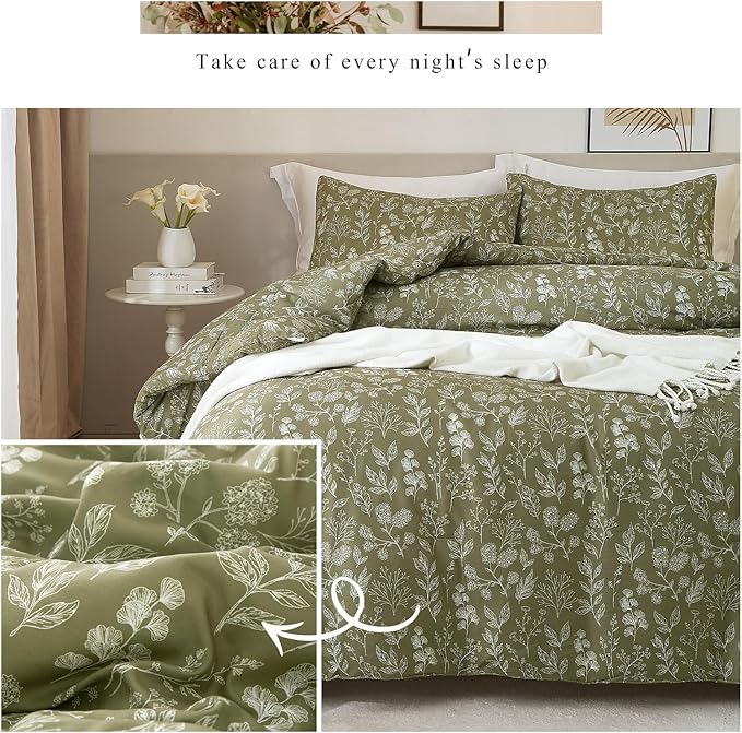 HighBuy Queen Size Duvet Cover Olive Green Floral Cottagecore Bedding Comforter Cover Queen 100% Soft Cotton Botanical Boho Duvet Cover Set Aesthetic 3 Piece Garden Style for Women Men