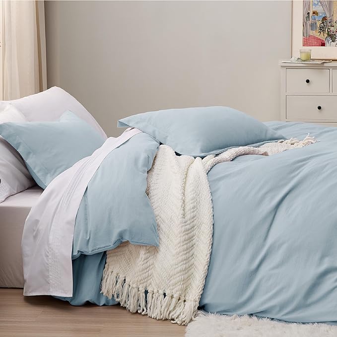 Bedsure Sky Blue Duvet Cover Full Size - 3 Pieces Prewashed Extra Soft Cotton-Like Bedding Set, Includes 1 Duvet Cover 80x90 Inches with Zipper Closure & 2 Pillow Shams, Comforter Not Included
