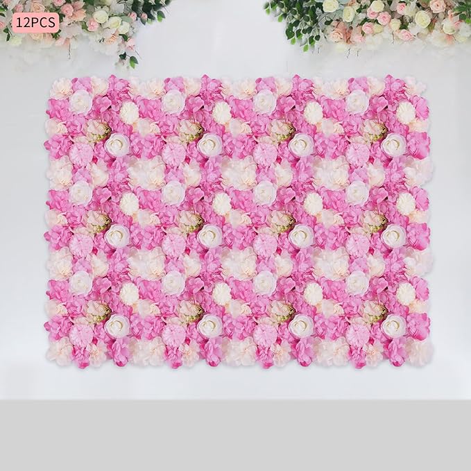 12 Pcs White Flower Wall Flowers Backdrop Artificial Flower for Backdrop Flowers Decoration 3D Floral Panels for Wall Decor Home Party Wedding Room Decoration (38x38cm/Deep Pink+White)