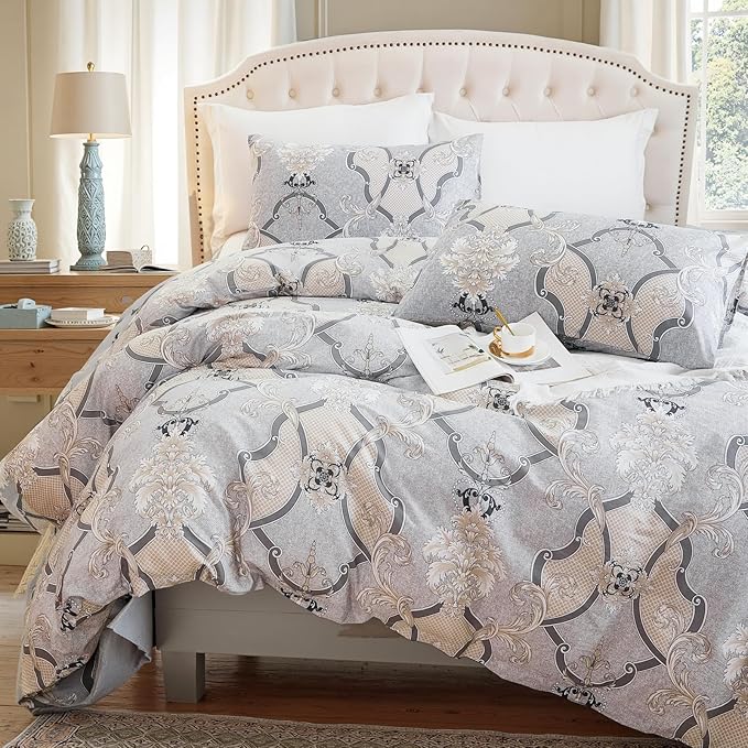 100% Natural Cotton Duvet Cover Set King 3 Pcs Grayish Duvet Cover with Luxurious Damask Pattern, Reversible Breathable Soft Comforter Cover Sets with Zipper Closure All Season