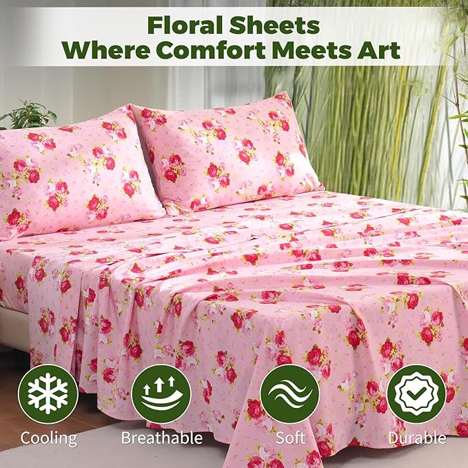Bedlifes Extra Deep Pocket 18-24" Queen 4-Piece Sheet Set - Cooling Sheets Blend Rayon Derived from Bamboo Soft & Breathable,Featuring Pink Floral Red Rose