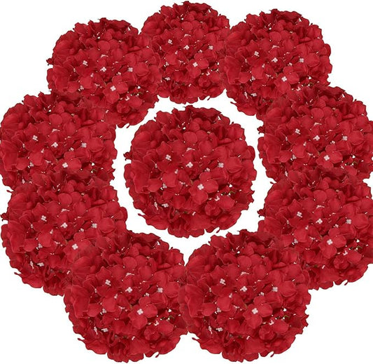 Flojery Silk Hydrangea Heads Artificial Flowers Heads with Stems for Home Wedding Decor,Pack of 10 (Red)