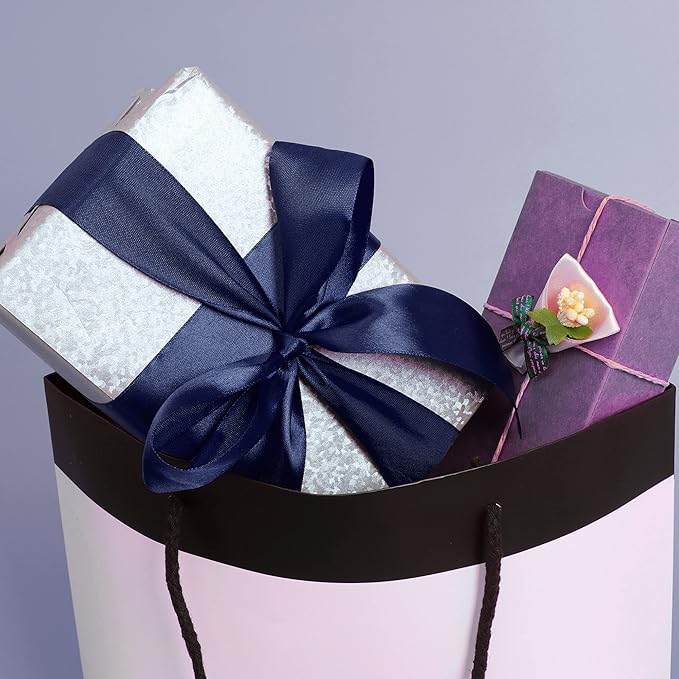 LIUYAXI Navy Blue Double Faced Satin Ribbon, 3/8" X Continuous 100 Yards, Ribbons Perfect for Gift Wrapping Bows Bouquet Wedding Decor DIY Craft and More