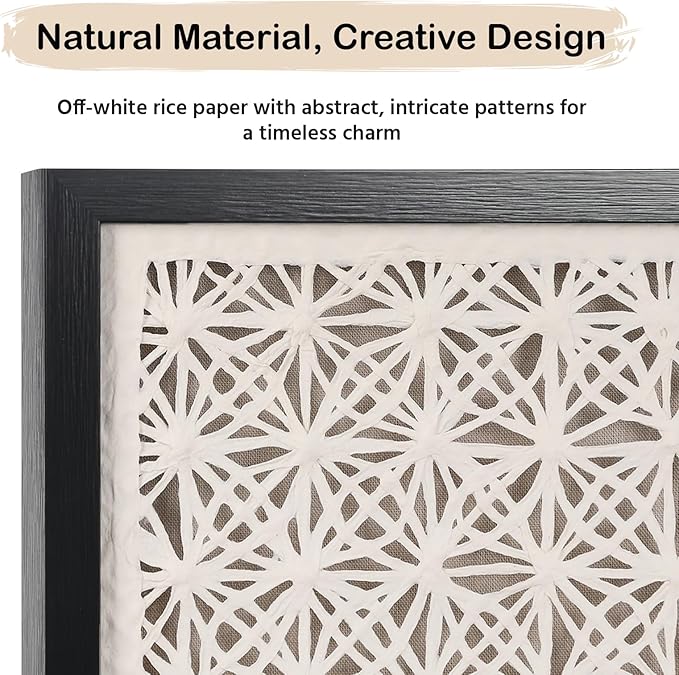 FOLKOR Abstract Framed Black and White Wall Art for Hallway Entryway Staircase, 12" Natural Rice Paper Geometric Wall Decor, Unique Room Aesthetic Artwork Wall Panel for Farmhouse Living Room Book Shop