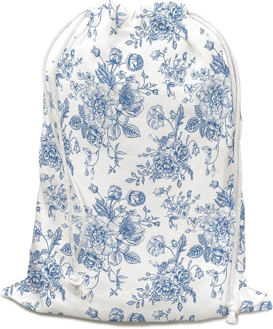 DSHFG Light Blue Chinoiserie Toile Floral Birthday Drawstring Gift Wrap Bags, Chinoiserie Baby Shower Drawstring Gift Bags Canvas, Blue and White Small Happy Birthday Bag, Gifts for Women, 10x13 Inch