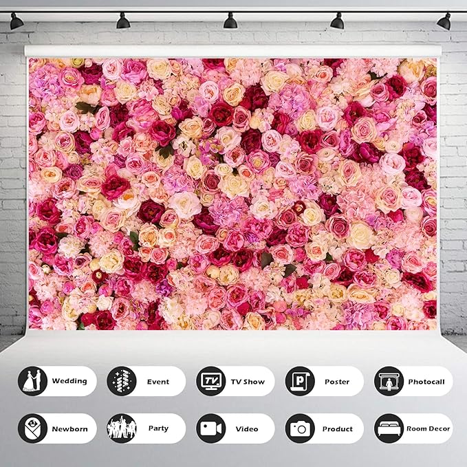 Pink Red Rose Flowers Theme Photography Background Baby Shower Wedding Happy Birthday Photo Backdrop Dessert Cake Table Floral Decoration Studio Props Banner Decor Background 20x10ft