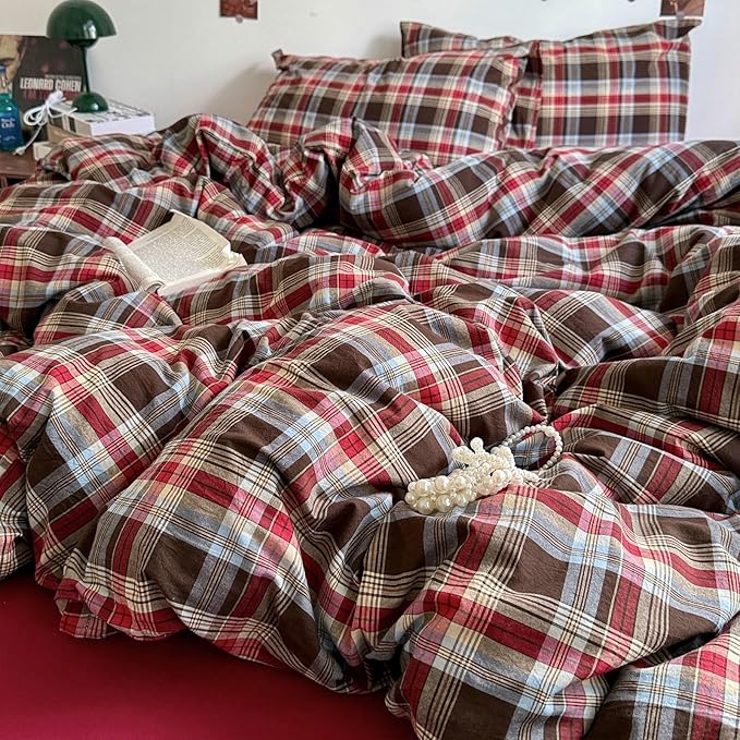 LifeTB Red Brown Plaid Comforter Set Queen, 3 Pieces Vintage Checkered Grid Bed Comforter with 2 Pillowcases, Breathable Soft Comfy Farmhouse Plaid Pattern Printed Gingham Bedding Comforter Set