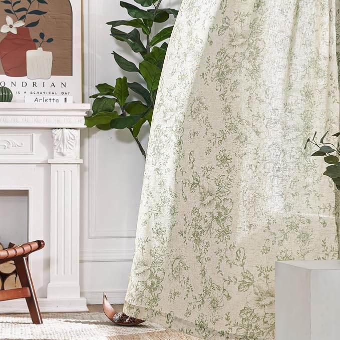jinachan Linen Blend Floral Curtains for Living Room 90 Inch Length Christmas Sage Green Printed Curtain Rod Pocket Back Tab Farmhouse Peony Flower Patterned Drapes Bedroom Curtains Set 2 Panels