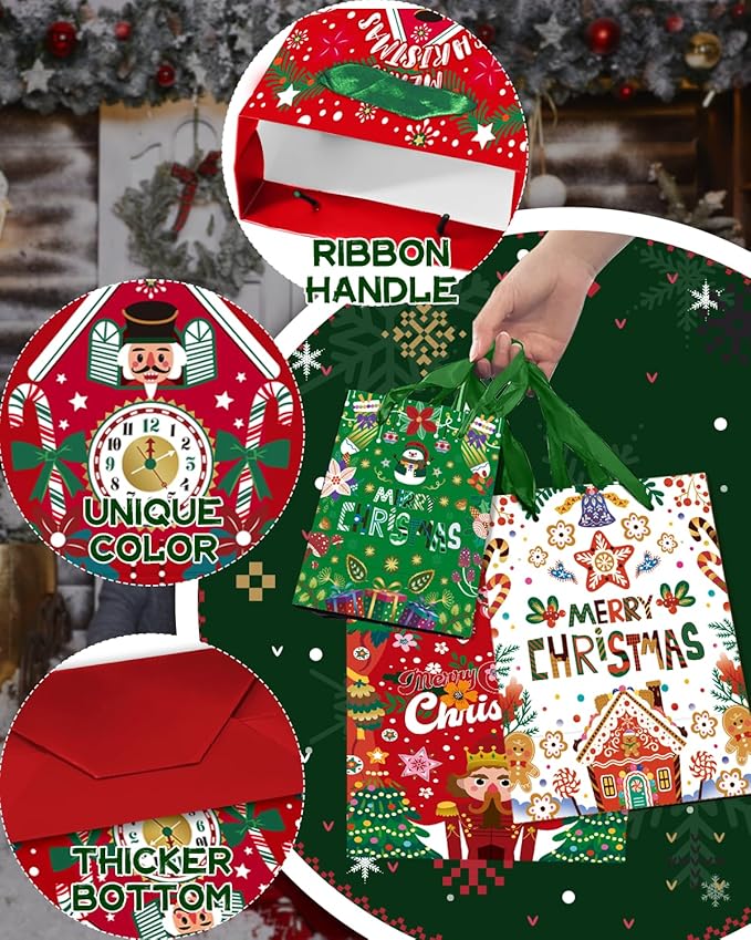 qiqee Christmas Gift Bags Assorted Variety Size Red Green Puppet Design Holiday Tissue Paper Bag Set of 10( 2PCS Large 5.5"x10.2"x13", 4PCS Medium 4.3"x 7.7"x 9.6", 4PCS Small 2.4"x 4.7"x 6.3", 30PCS Tissue Paper)