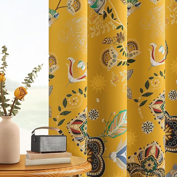 XiDi Mustard Yellow Blackout Curtains 96 Inches Long 2 Panels for Bedroom Vintage Floral Patterned Curtains Botanical Luxury Modern Living Room Dining Room Darkening Privacy Grommet Drapes 52x96 8ft