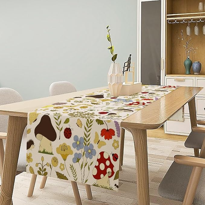 Mushroom Wildflower Table Runner Colorful Cartoon Style Cute Plants Dinner Runner for Farmhouse Cabin Home Kitchen Dining Holiday Party Decor 13x108in