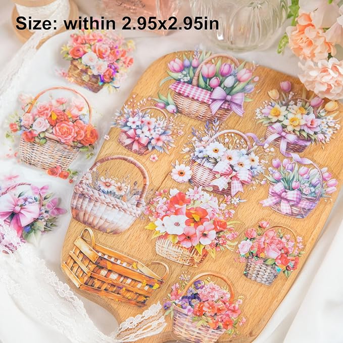 Floral Basket Holographic PET Sticker Set, 72Pcs Vintage Flower Stickers for Scrapbooking, Journaling, Junk Journal Supplies, and DIY Crafts