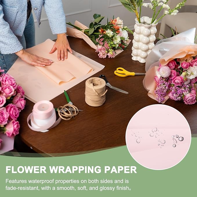 PATIKIL Flower Gift Wrapping Paper, 20 Sheets Double Sided Waterproof Bouquet Paper Wrap Florist Packaging Floral Papers for Wedding DIY Craft Valentine Mother's Day, Pink