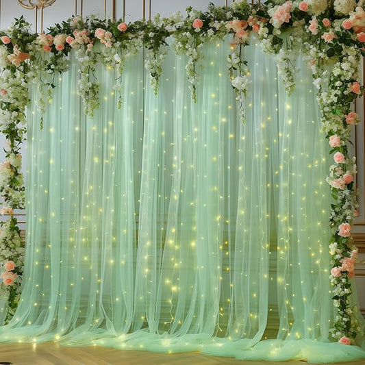 10x8ft Olive Green Tulle Backdrop Curtain with Lights String for Parites, Sheer Backdrop Curtains for Wedding Baby Shower Birthday Party Photo Shoot Decorations