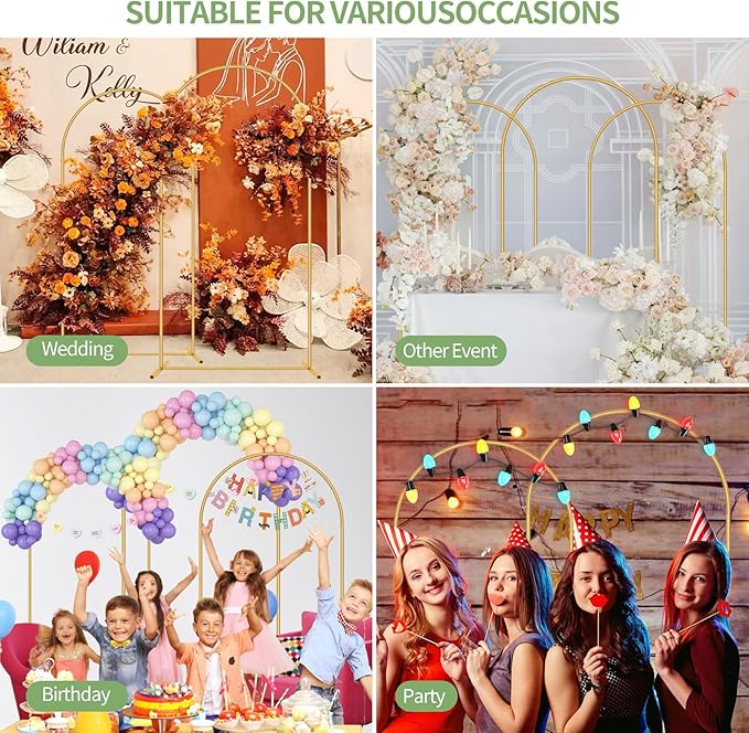 Metal Arch Backdrop Stand, Set of 3 (6/6.6/7.2 ft) Wedding Arched Frame with 12 Ground Nails and Storage Bag, Stable Arched Background Stand for Wedding, Baby Shower, Birthday Party, Photography, Gold