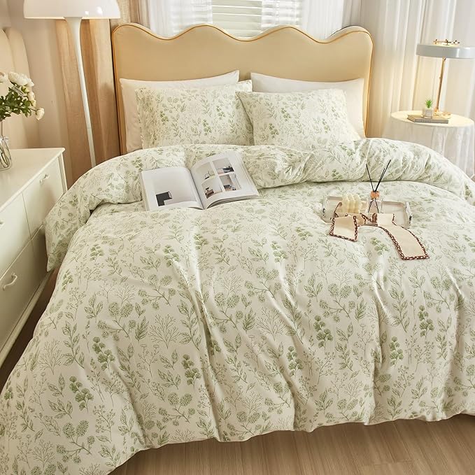 Garden Style Green Floral Comforter Set King Fluffy Soft Microfiber Boho Floral Bedding Comforter King Vintage Flower Leaves Botanical Comforter for All Seasons Cottagecore Bedding Comforter Set
