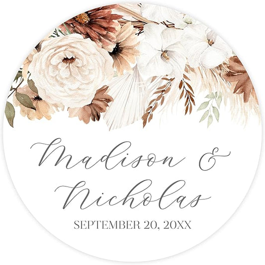 Personalized Floral Wedding Stickers with Your Choice of 30 Flower Styles - Choose Font and One of Five Pre-made Phrases or Add Custom Text (030 - Neutral Boho Flowers)