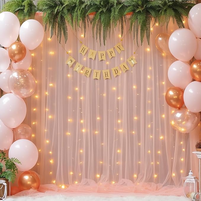 30x8ft Peach Tulle Backdrop Curtain with Lights String for Parites, Sheer Backdrop Curtains for Wedding Baby Shower Birthday Party Photo Shoot Decorations