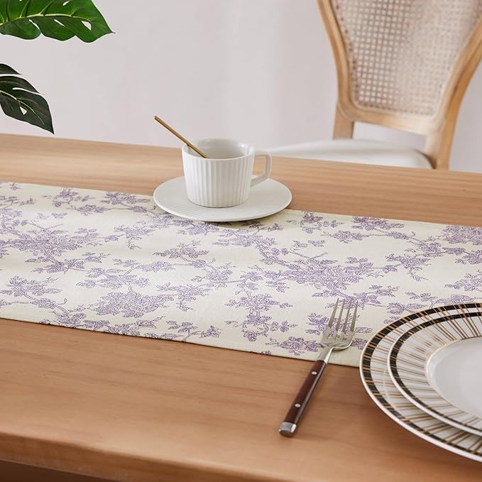 100% Cotton French Pastoral Table Runners, 13x72 Inch Purple Farmhouse Table Runners 72 Inches Long, Vintage Flowers Print Home Decors