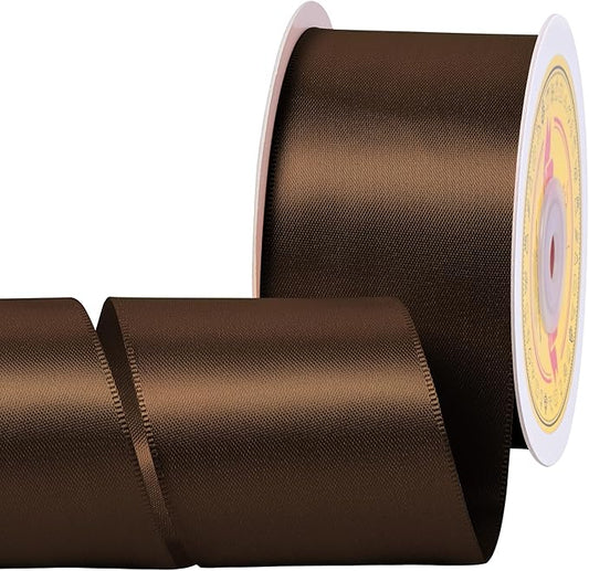 Double Face Brown Satin Ribbon 2 inch X 25 Yards Polyester Brown Ribbon for Gift Wrapping Very Suitable for Weddings Party Invitation Decorations and More