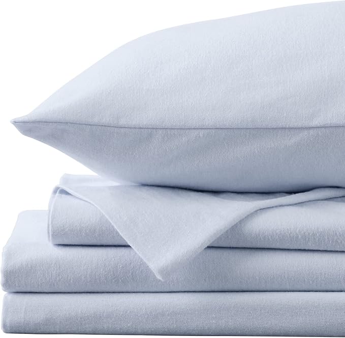 Market & Place 100% Turkish Cotton Flannel Sheet Set | 4 Piece Deep Pocket Solid Cozy Winter Bed Sheets | Double Brushed for Extra Softness & Comfort | Chalet Collection (Full, Light Blue)
