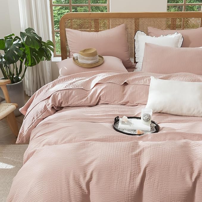 King Duvet Cover Dusty Rose, Luxury Soft Double-Layer Crinkle Gauze Rose Pink Duvet Cover, 3 Pieces Bedding for All-Season, Breathable with Zipper Closure & Corner Ties