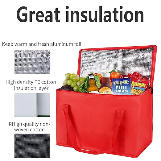 Beach Bag with Cooler Insulated Insulation Grocery Bags,Shopping Red, Reusable, Heavy Duty, Zipped Zipper,Collapsible,Tote,Cooler,Groceries,for car,Recycled Material Warm Foldable Bag…