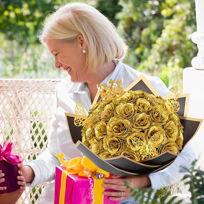 Waipfaru Glitter Roses Bouquet, DIY Fake Flowers Bouquet, Birthday Gifts for Women Mom, 36 Pcs Gold Rose for Grandma Wife Girlfriend Valentines, Mothers Day, Anniversary, Graduation
