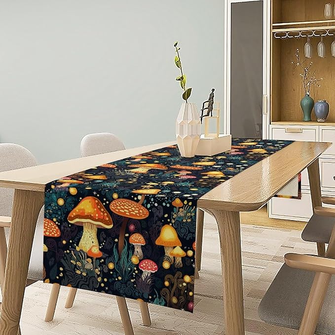 Mushrooms Forest Table Runner, Fairy Woodland Wildflower Herbs Plants Colorful Botanical Natural Farmhouse Table Runner for Kitchen Dining Table Decor, 13x120inch