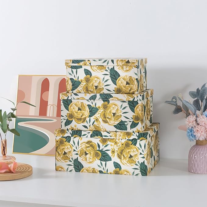 Soul & Lane Decorative Cardboard Storage Boxes with Lids for Home Decor and Organization, Set of 3 Large Keepsake Boxes for Memories & Gifts, Nesting Floral Photo Storage Containers, Golden Peony