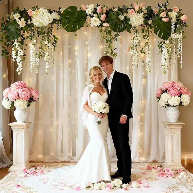 10x10ft White Tulle Backdrop Curtain with Lights String for Parites, Sheer Backdrop Curtains for Wedding Baby Shower Birthday Party Photo Shoot Decorations
