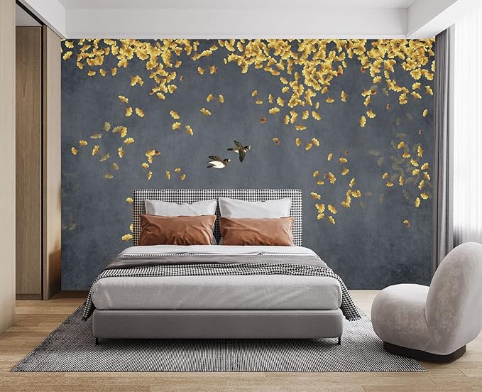 Ginkgo Leaf Flower Bird Wall Mural Wallpaper for Bedroom 137" x 100"