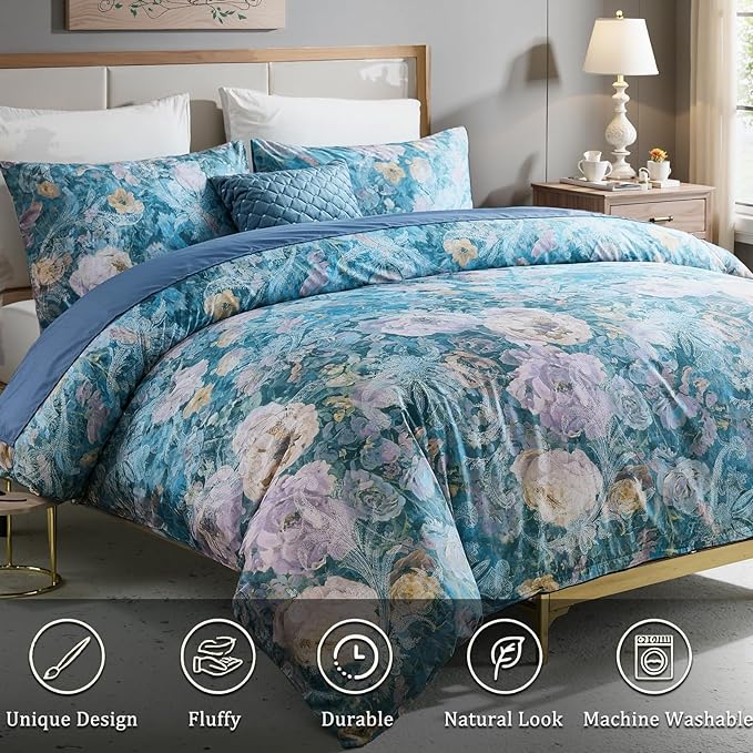 100% Cotton Duvet Cover King Size – Navy Blue Watercolor Floral Duvet Cover Set with Zipper Closure & Corner Ties, 3-Piece Silky Soft & Breathable Bedding Set for All Seasons