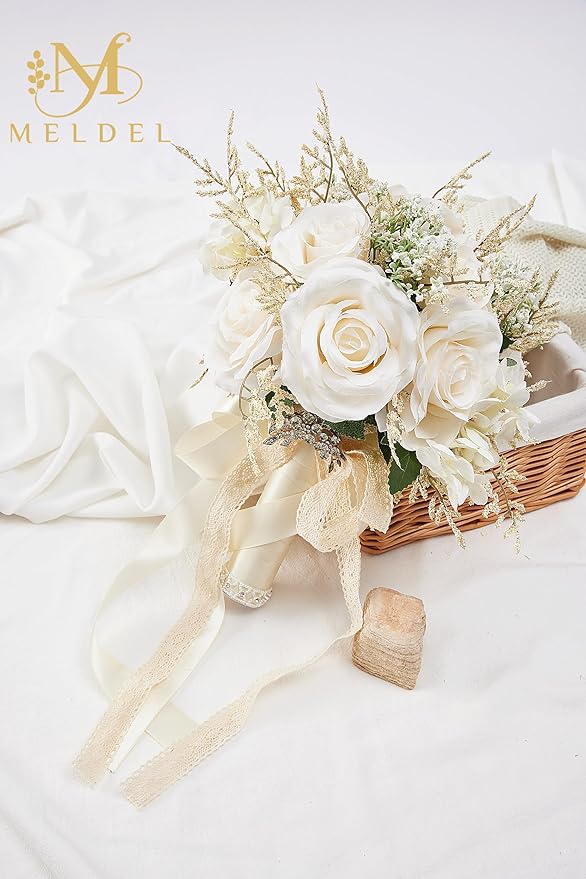 Meldel 8.66 Inch Wedding Bouquets for Birde Bridesmiads, Bridal Bouquet for Birde Wedding, White Champagne Artificial Roses Flowers Wedding Decoration