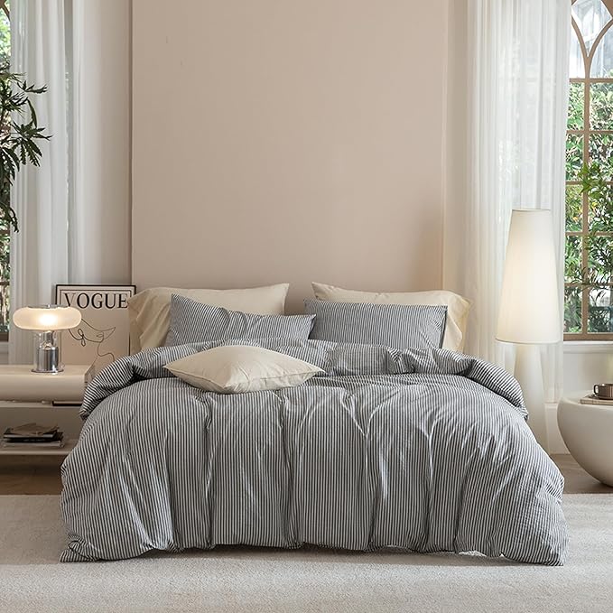 JIYUAN 100% Washed Cotton Striped Duvet Cover Set 3 Pieces Queen, 1 Duvet Cover and 2 Pillowcases(Comforter Not Included),Linen Like Comfy and Breathable,Pinstripes-Heathered Dark Grey White