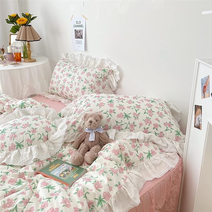 VM VOUGEMARKET White Ruffle Comforter Set Twin Pink Flower Bed Comforter with Ruffle Edge Romantic Princess Style Bedding Set(3pcs,Twin XL)