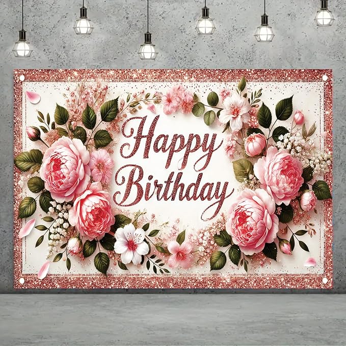 Happy Birthday Backdrop Rose Gold Glitter Peony Floral Banner Birthday Party Decorations Photography Background for Women Girls Wedding Baby Shower Decor Photo Booth Supplies 6x4ft