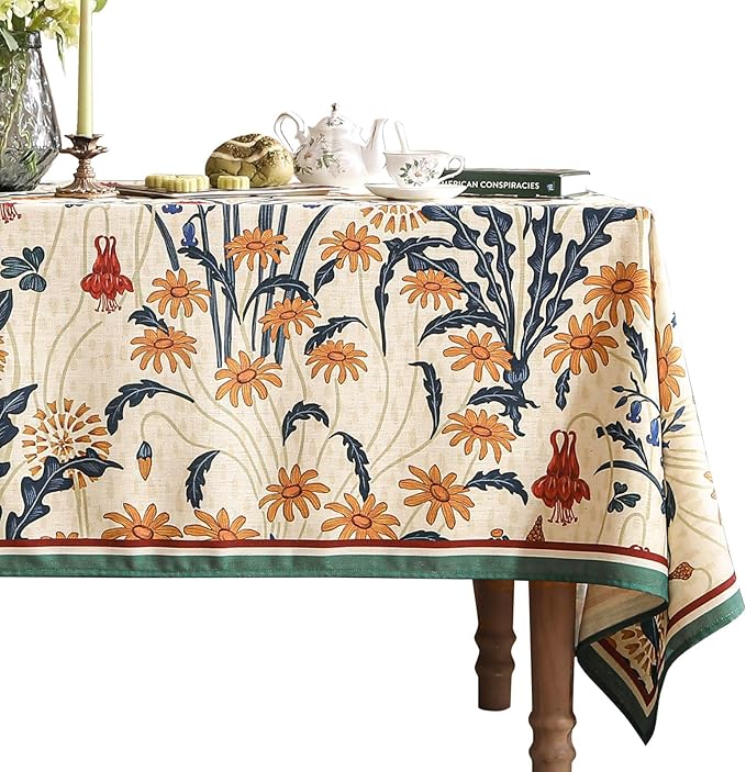 French Vintage Rectangular Tablecloth,Linen Extra Long Tablecloth with Gold and Red Floral Pattern,Decorative Table Cover for Kitchen,Dining,Thanksgiving,Living Room,63" × 110"-Tijuana