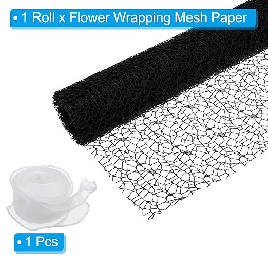 PATIKIL Flower Wrapping Mesh Paper, 15ft Floral Bouquet Craft Packaging Hollow Net Yarn with Ribbon for Flowers Gift Packaging, Black