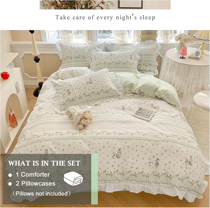 VM VOUGEMARKET Girls Flower Comforter Set Green Leaves with Cute Rabbit Comforter with 2 Pillow Shams Romantic Ruffle Down Comforter Set(3pcs,Queen)
