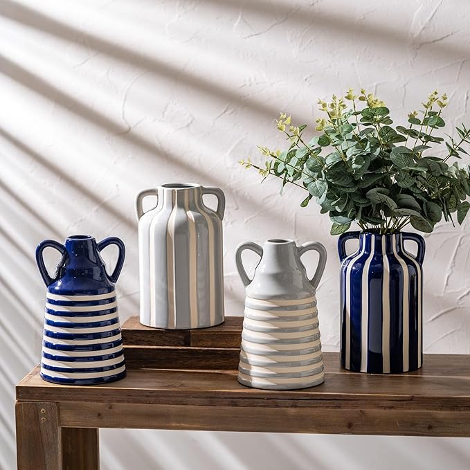Ceramic Blue and White Checkered Stripes Vase with Handles, Modern Bohemian Floral Navy Blue Vases for Centerpieces, Cottage Core Home Decor, Flower Vases for Bouquet Tabletop Kitchen Bookshelf 8.9 In