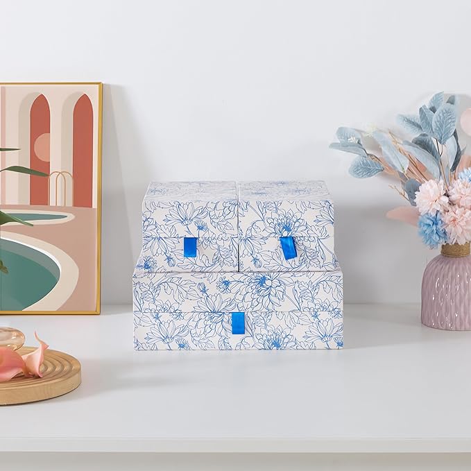 Soul & Lane Blue Floral Decorative Boxes with Hinged Lids and Blue Ribbon Pull - Sapphire Bloom, Set of 3 (One Large and Two Medium Boxes), Cardboard Storage for Photos, Documents, Keepsakes