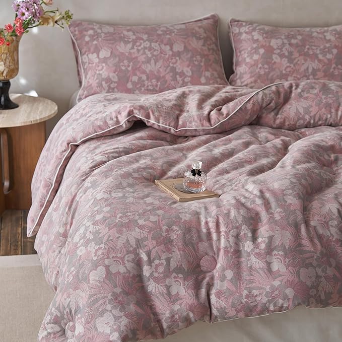 HighBuy Muslin Cotton Comforter Set Full Size Pink Floral Bedding Comforters Set 3 Piece Lightweight Soft & Warm Bed Comforter Full with 2 Pillowcases,Boho Chic Bedding Set