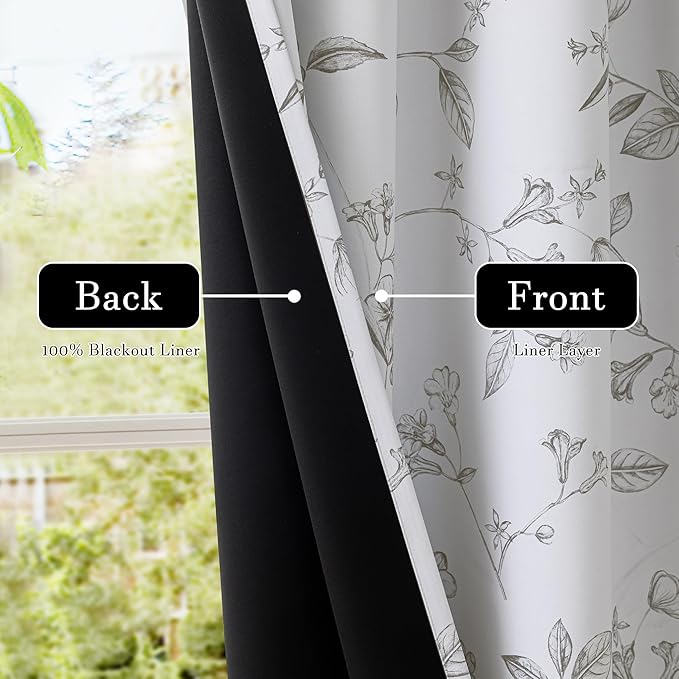 ChrisDowa 100% Blackout Floral Curtains 63 Inches Long 2 Panels for Bedroom Living Room Grey Flower Patterned Room Darkening Thermal Insulated Soundproof Grommet Window Treatments Drapes,52X63