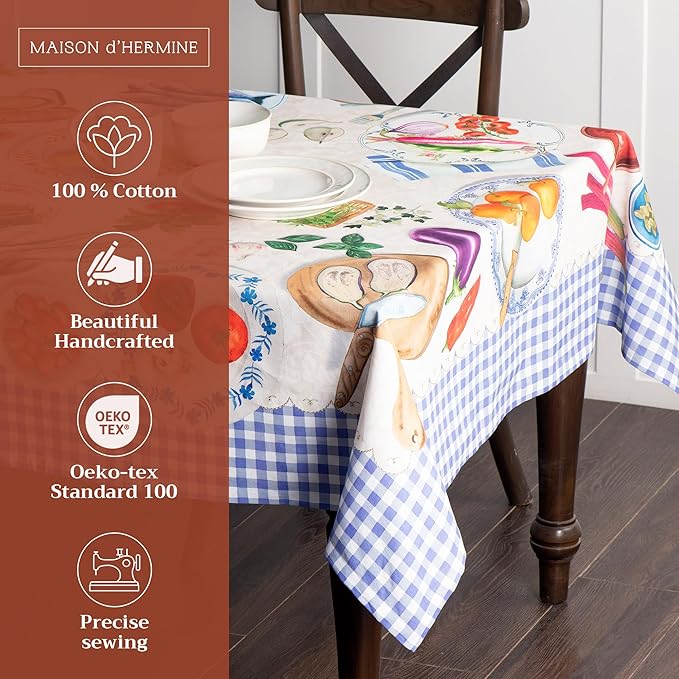 Maison d' Hermine Table Cloth Square Table 100% Cotton 60 x 60 Inches Tablecloth Reusable Decorative Everyday Use for Dining Room, Farmhouse, Home, Party, Festive & Wedding Spring Summer - Gourmand