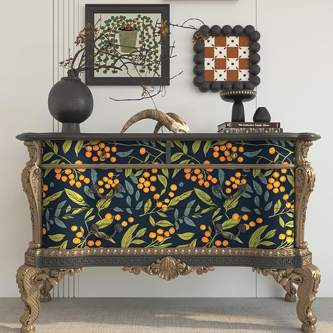 Blue Orange Wallpaper Peel and Stick Boho Floral Contact Paper Removable Waterproof Leaves Paper for Drawer Countertop Cabinet Renter Friendly 17.5 x 393.5In