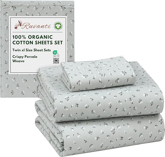 RUVANTI 100% Organic Cotton Sheets Twin XL, Percale Weave, GOTS Certified, 3-Piece Set, Deep Pocket 15", Crisp & Breathable, Soft Durable Bedding, Sábanas Algodón Orgánico – Bud Club
