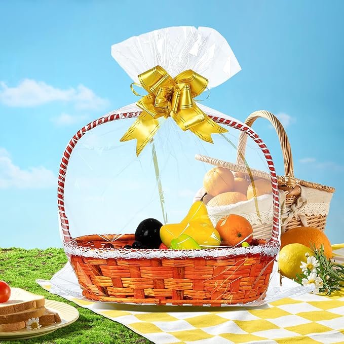 100 Packs Large Cellophane Bags 18" x 24" Clear Cellophane Gift Basket Wraps 2.3 Mil Thick Transparent Cello Bags for Fruit Basket, Gift Wrap, Treats, Arts and Crafts, 100ct Yellow Ribbon Bows